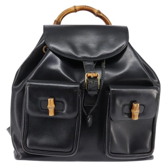 GUCCI Bamboo Backpack Leather Navy Gold 003 2058 0016 Auth gh884 - Picture 2 of 16